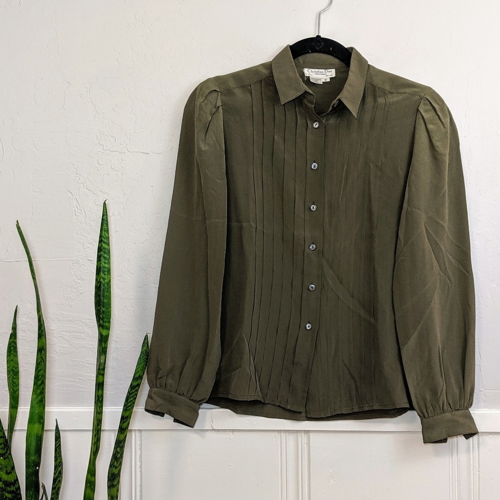 Vintage Dior Olive Green Silk Button Down Blouse